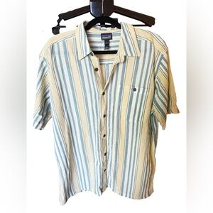 Patagonia Men's Striped Button Down Shirt - Blue, Yellow, and Cream